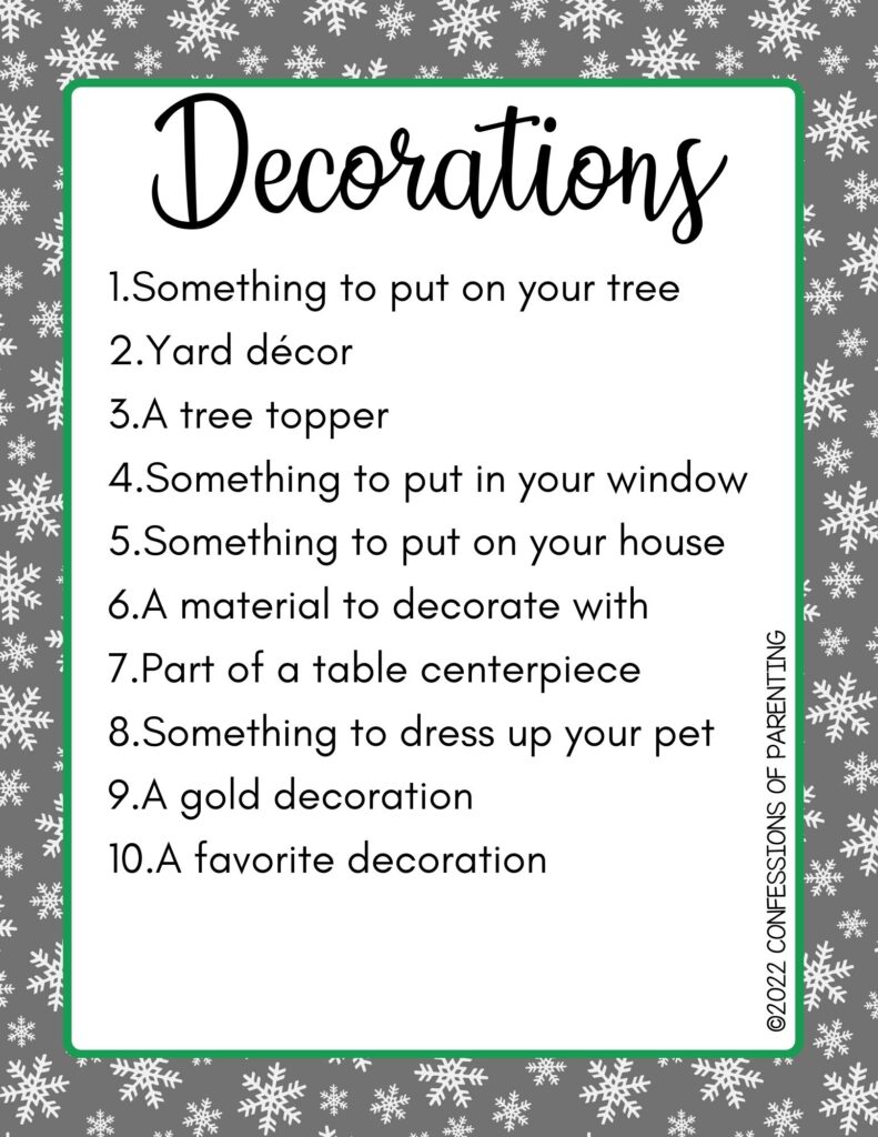 Decorations category with a list of 10 things on a gray background with snowflakes. 