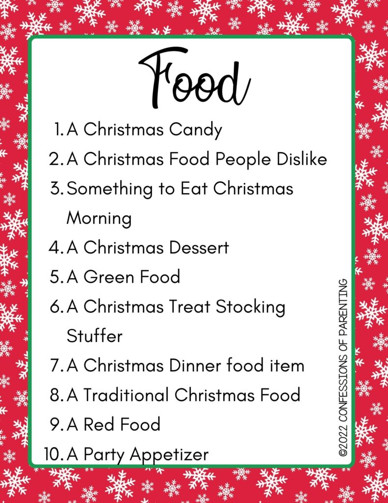 Food category with a list of 10 things on a red background with snowflakes. 