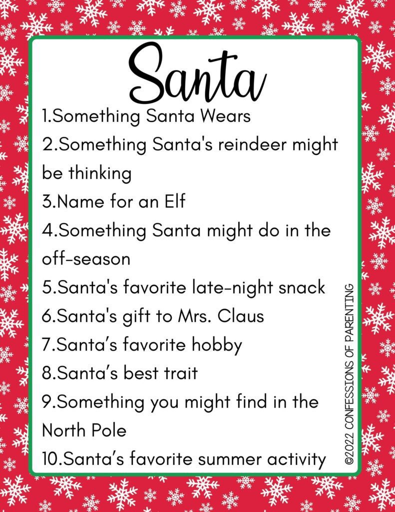 Santa category with a list of 10 things on a red background with snowflakes.