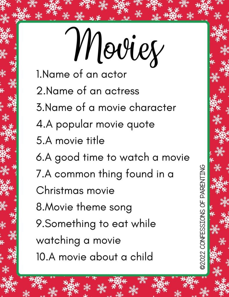 Movies category with a list of 10 things on a red background with snowflakes.