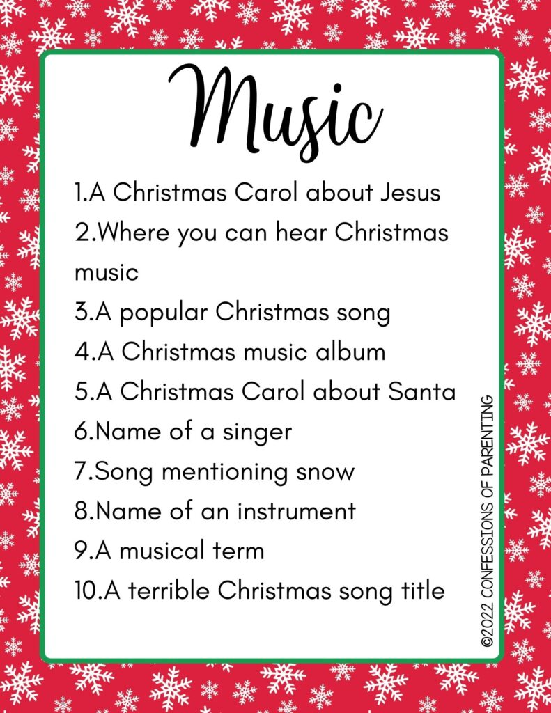 Music category with a list of 10 things on a red background with snowflakes. 