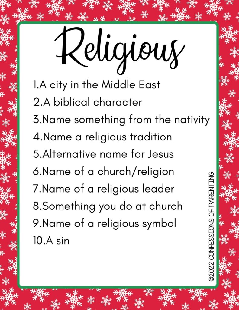 Religious category with a list of 10 things on a red background with snowflakes. 