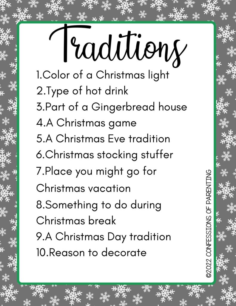 Traditions category with a list of 10 things on a red background with snowflakes. 