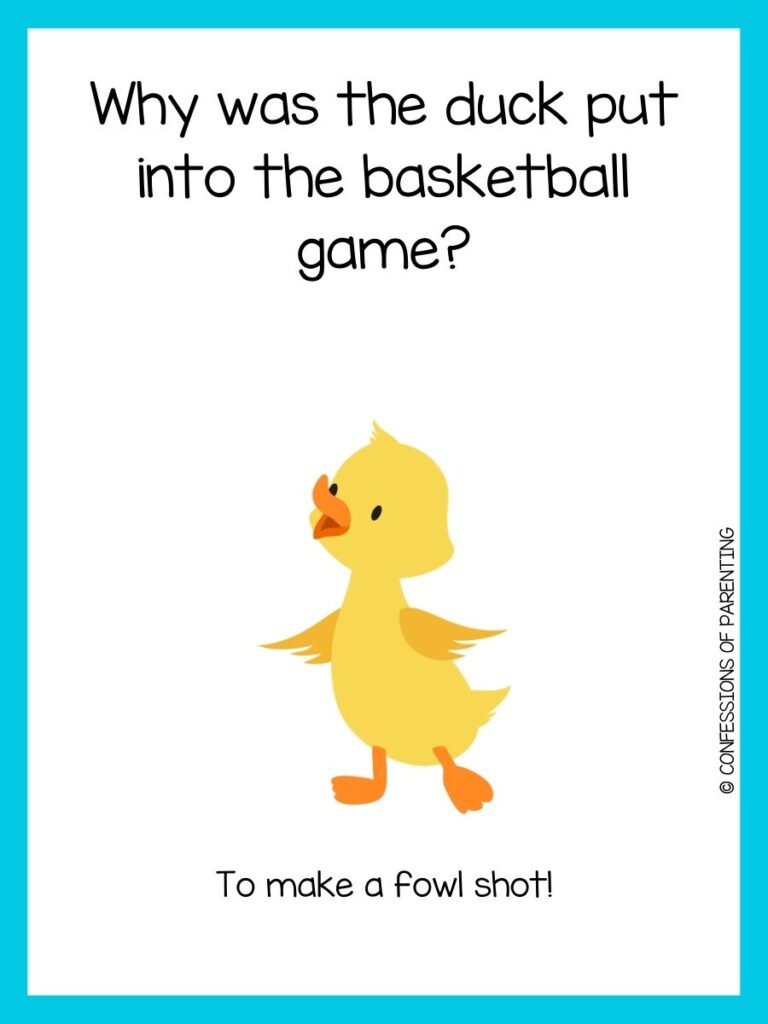 Sports joke on white background with blue border and picture of yellow duck