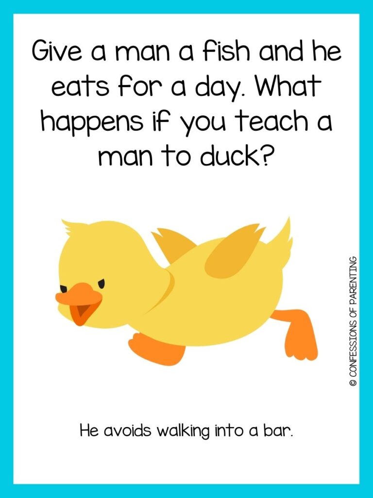 Black text on white background with blue border and yellow duck