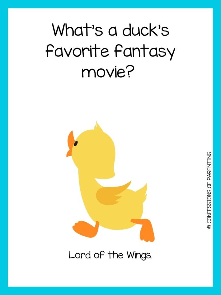 Movie joke on white background with blue border and yellow duck