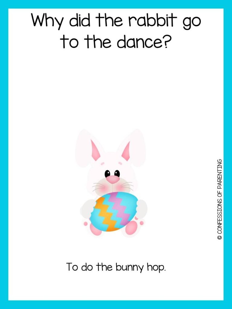 Easter riddle with a bunny holding an easter egg and blue border 