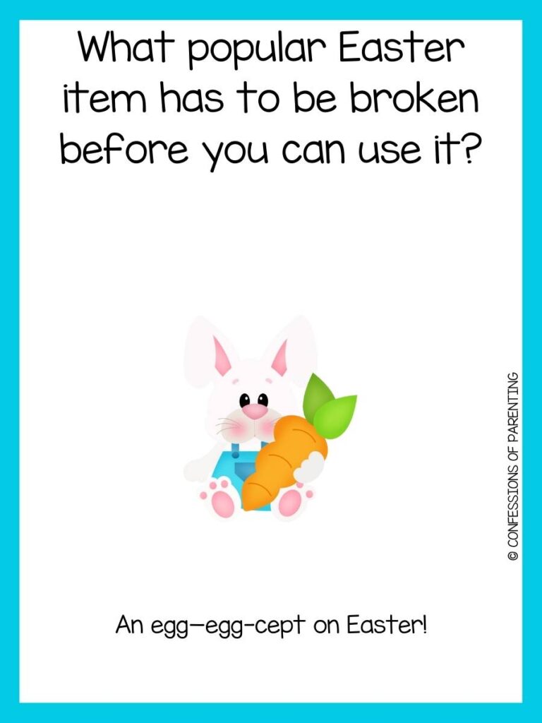 Easter riddle with a bunny holding a carrot and blue border