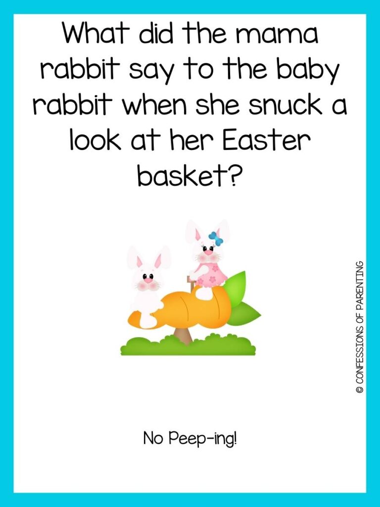 Easter riddle with two bunnies on a carrot and blue border