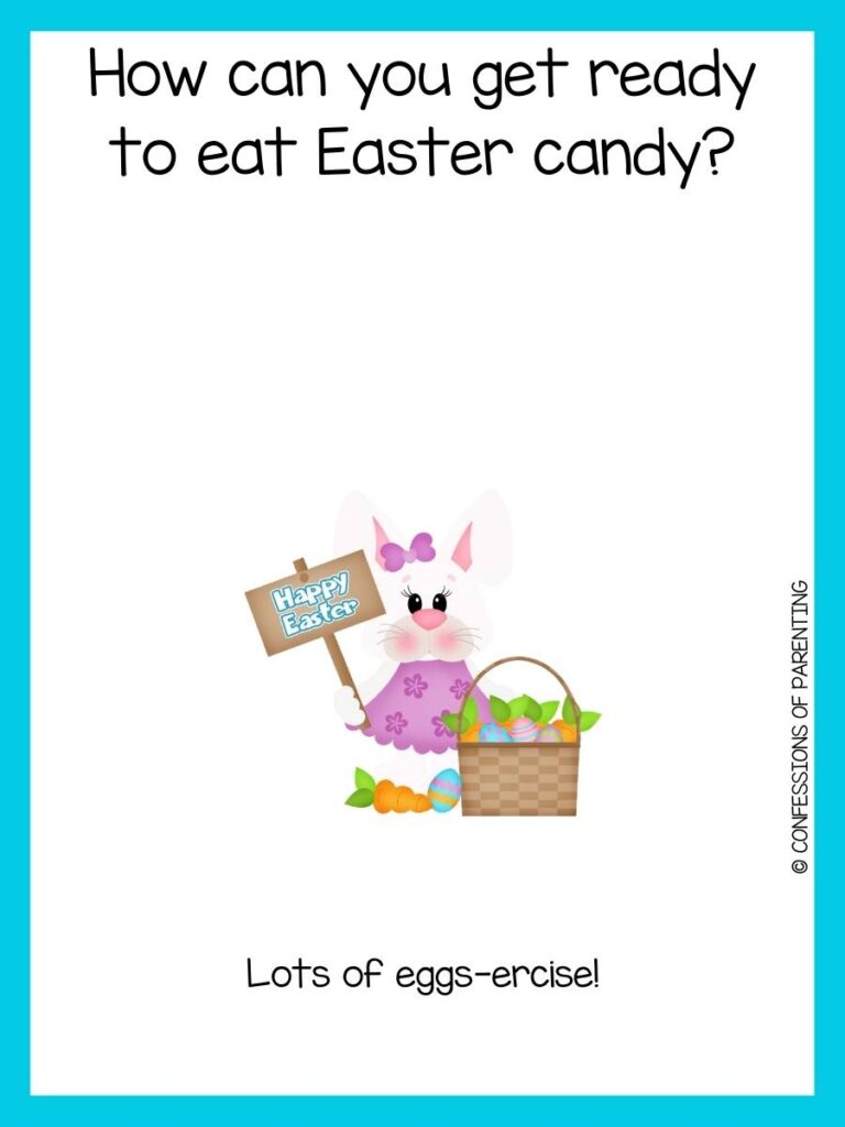 Easter riddle with a girl bunny holding a Happy Easter sign and blue border