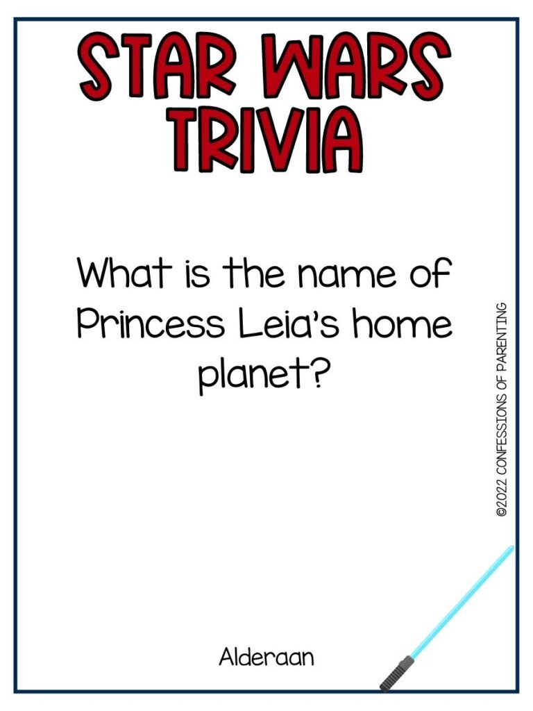 trivia question and answer on white background with dark blue border and lightsaber picture