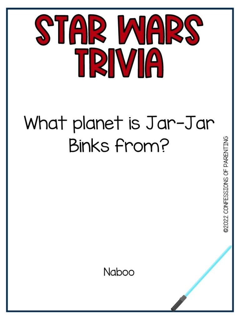 Star wars question and answer on white background with dark blue border and blue lightsaber