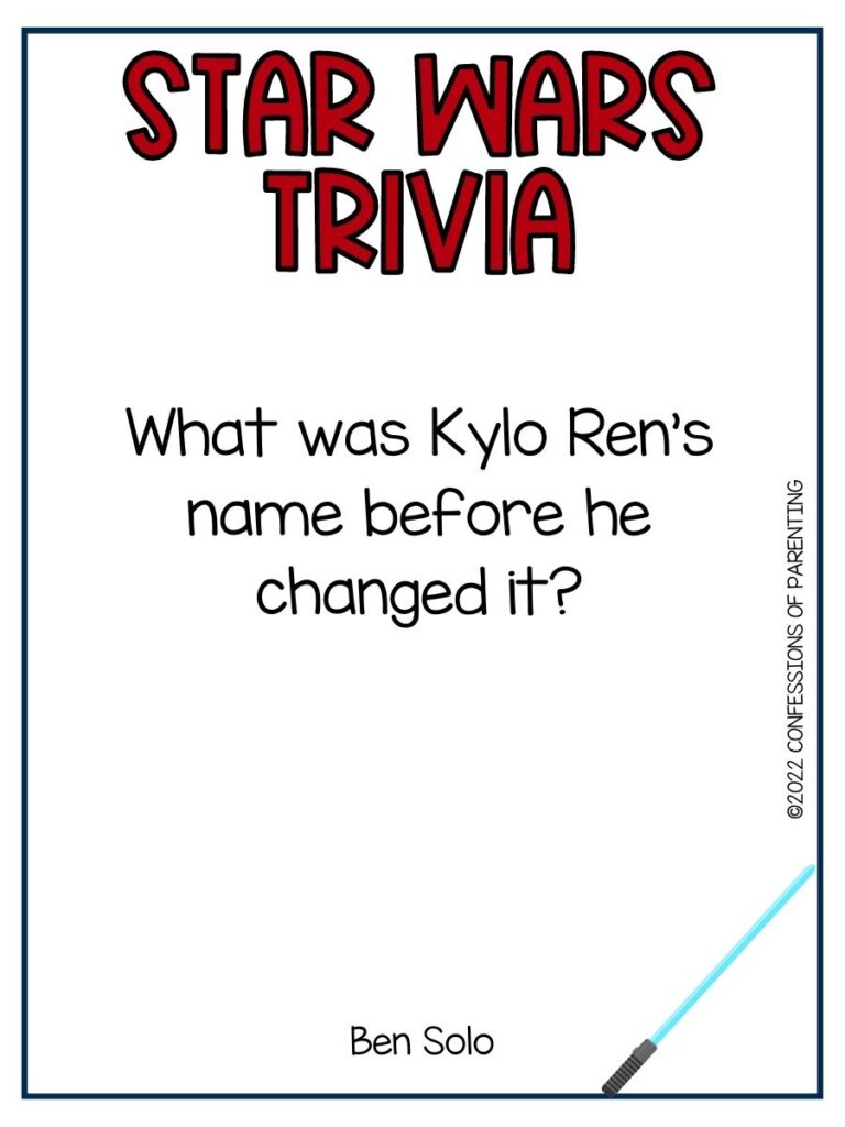 trivia question and answer on white background with dark blue border and blue lightsaber picture