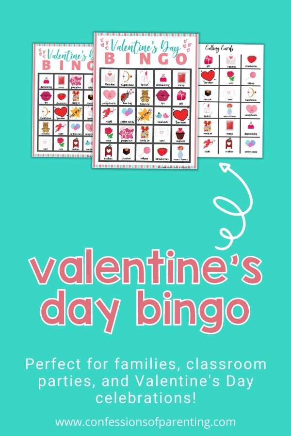Examples of the Valentine's Day-themed bingo cards on a teal background. 