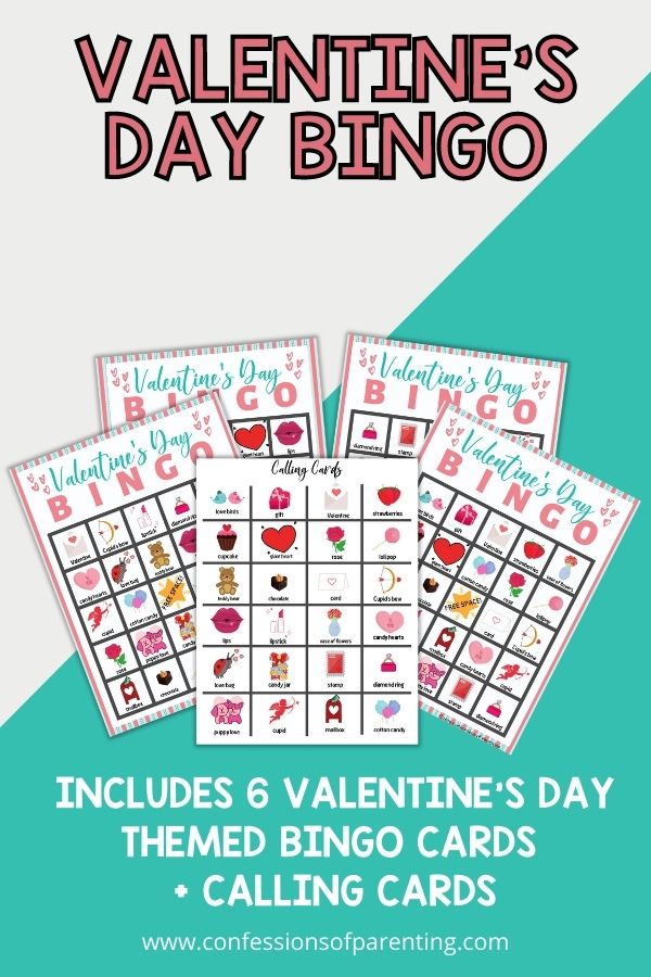 Examples of the bingo cards with assorted valentine's day objects on a teal background. 