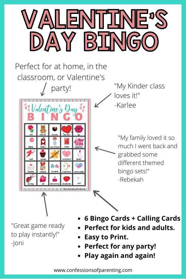 Testimonial of the bingo game, which is great for kids and adults at any party with a teal border. 