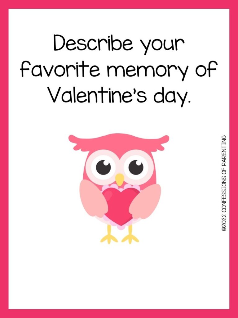 A writing prompt with a pink owl holding a pink-lacing heart with a pink border. 