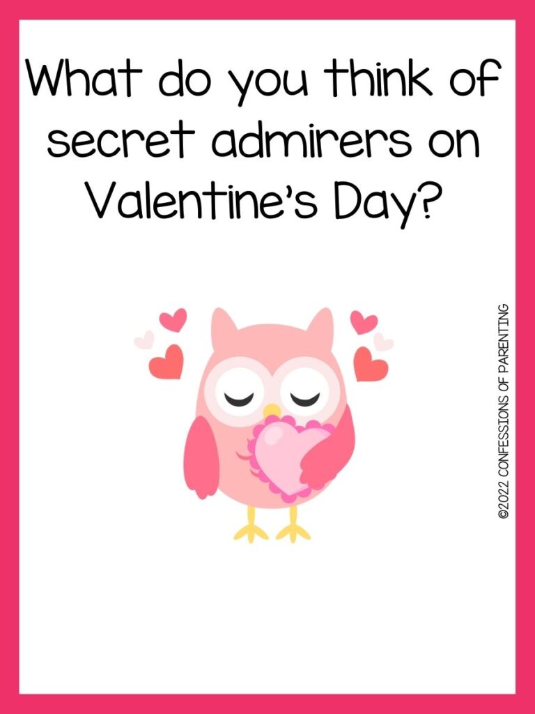 Valentine's day writing prompt with a pink owl holding a pink lacy heart with four hearts around the owl with a pink border. 