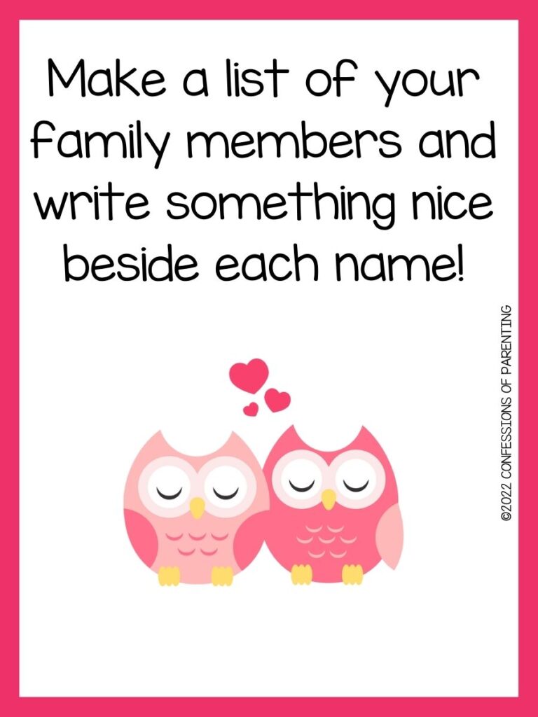 A writing prompt with two pink owls and hearts with a pink border. 