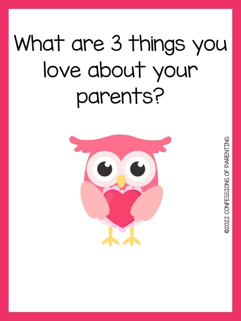 A writing prompt with a pink owl holding a pink-lacing heart with a pink border. 