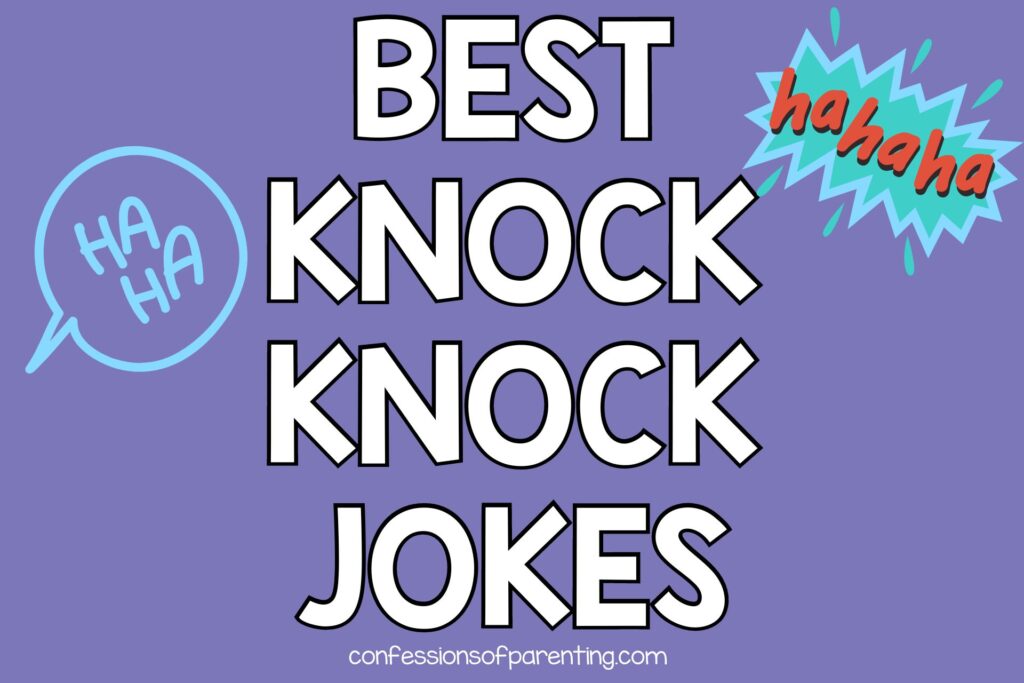 Purple image with white text saying Best Knock Knock Jokes with text bubbles around with haha and hahaha around it