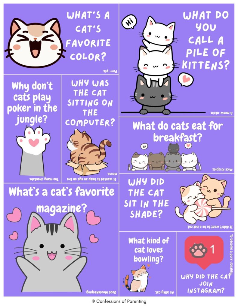 cat jokes for kids featuring cute cartoon kittens and funny question-and-answer cat puns on a purple background.
