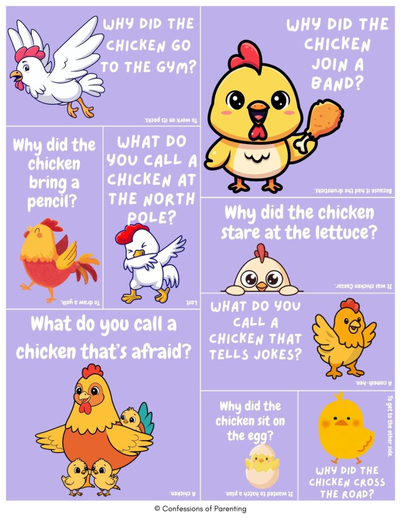 Top 10 chicken jokes printable with cute cartoon chickens on a purple background, featuring kid-friendly Q&A jokes about gyms, bands, eggs, and crossing the road.