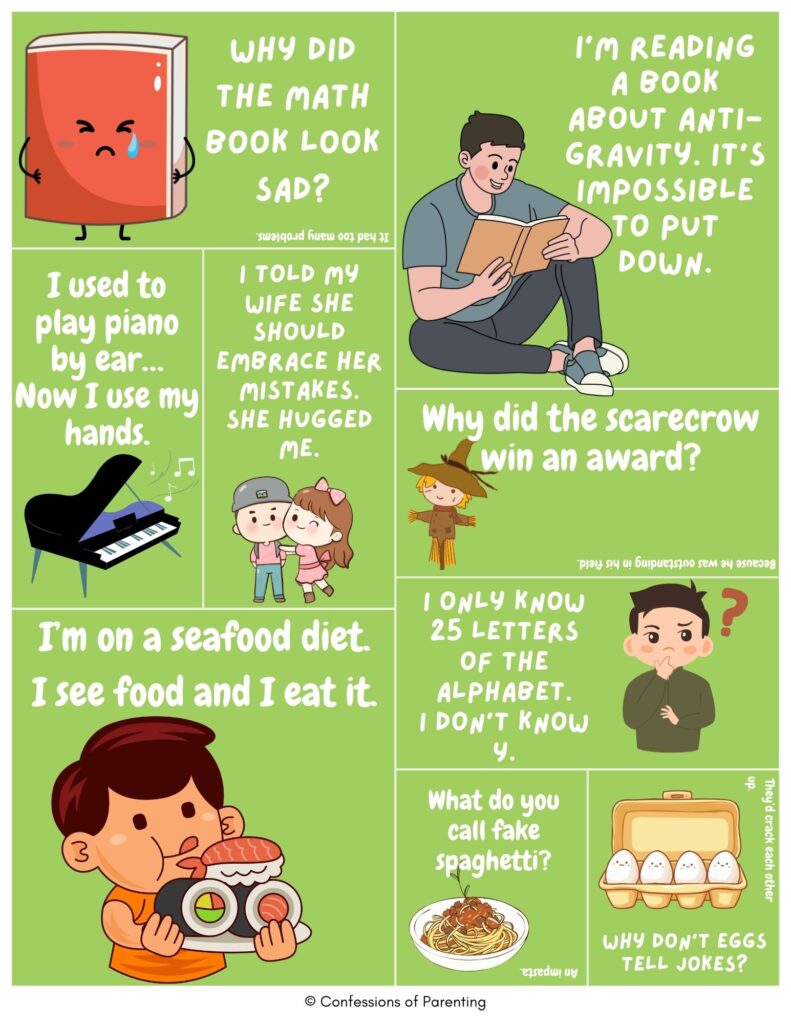 dad jokes for kids featuring funny illustrated puns about math books, scarecrows, seafood, spaghetti, and classic groan-worthy humor on a green background.