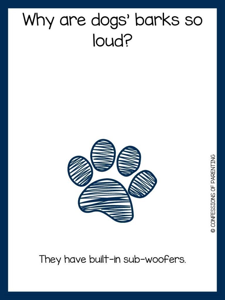 blue paw print on white background with blue border with dog joke and answer