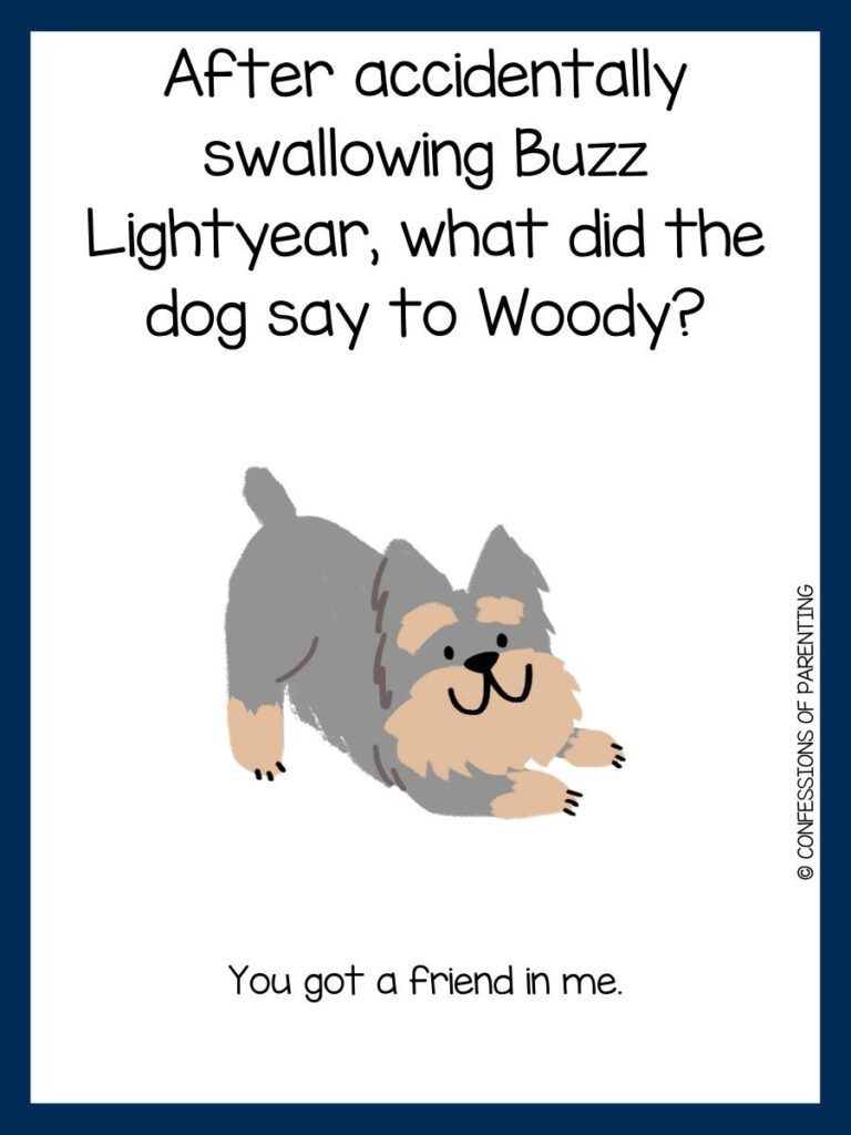 gray and tan dog on white background with blue border with dog joke and answer