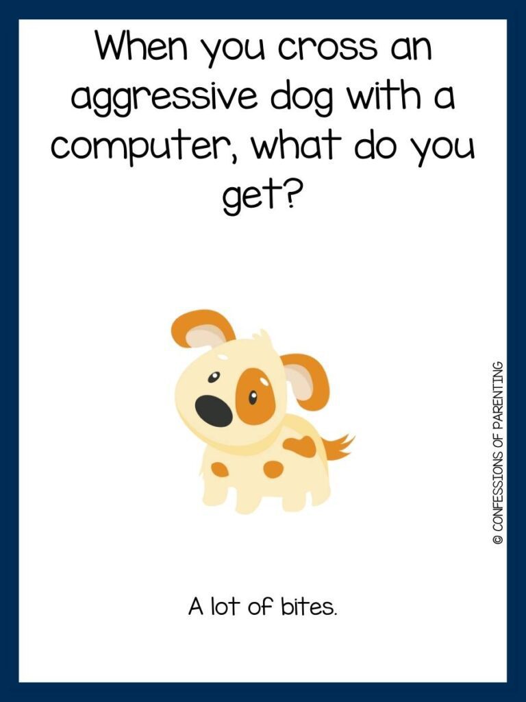 yellow dog on white background with blue border with dog joke and answer