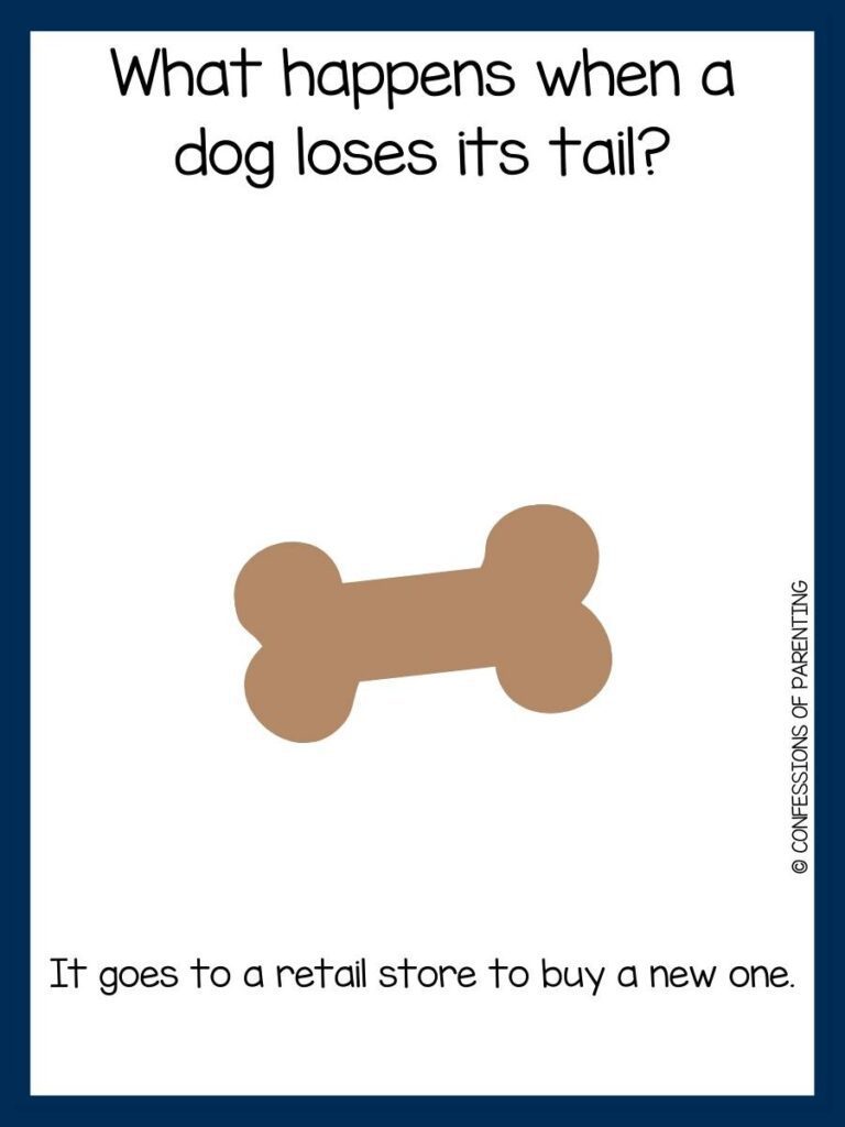 brown bone on white background with blue border with dog joke and answer