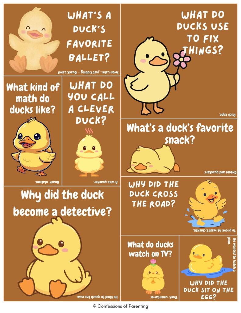 duck jokes for kids featuring cute cartoon ducklings and funny question-and-answer duck puns on a brown background.