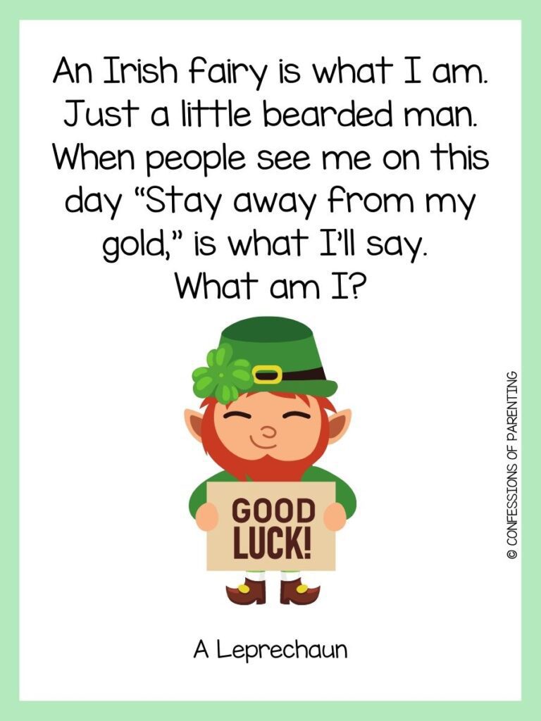 Green border around a white box, with a leprechaun holding a sign that says "good luck!"