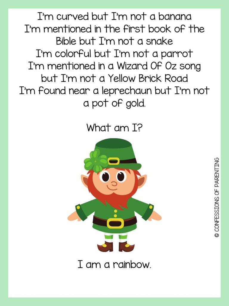 Green border around a white box, with a smiling leprechaun.