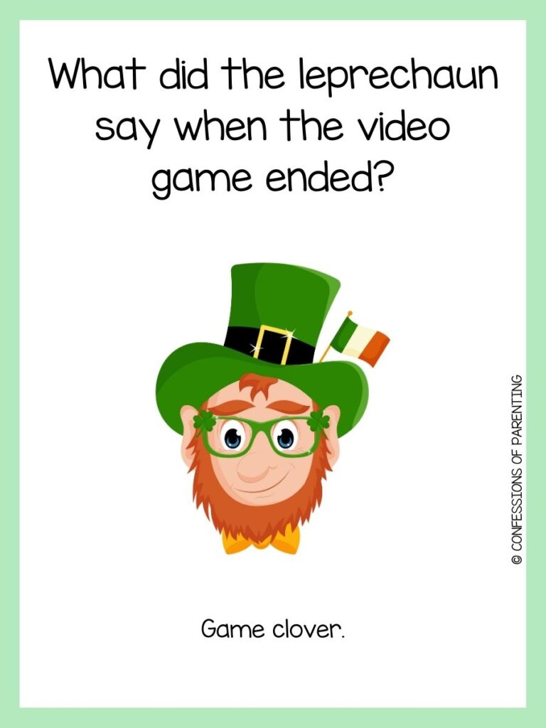 Green border around a white box, with a smiling leprechaun with green glasses and a green hat with an Ireland flag sticking out of it. 