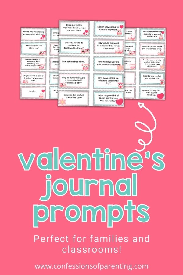 Three examples of the valentine's day themed journal prompts perfect for families and classrooms on a pink background. 