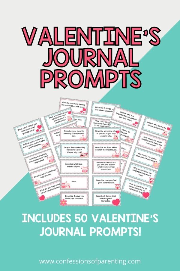 Example of the 50 valentine's themed journal prompts cards on a teal background. 
