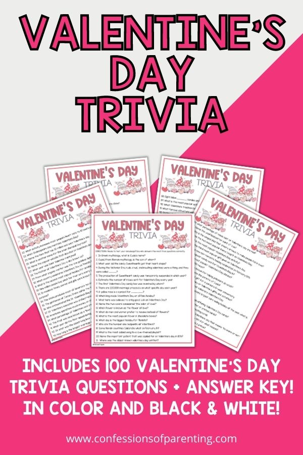 pink and white background with 5 Valentines Day Trivia PDFs with pink text "Valentines Day Trivia"