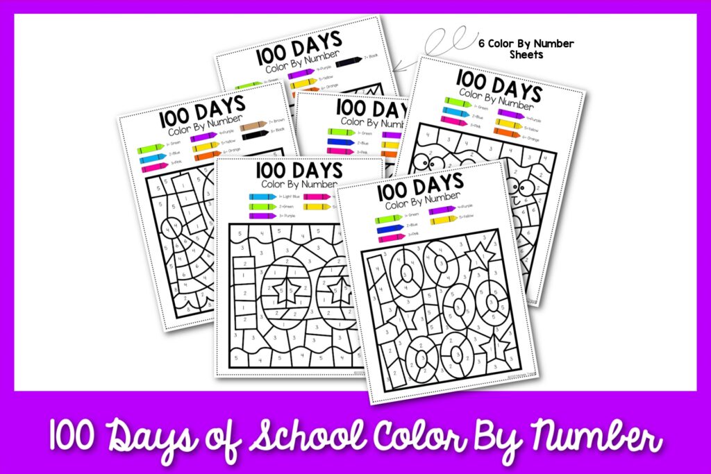 Examples of the 100 days of school-themed color by number worksheet with a purple border. 