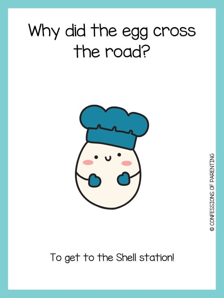 Egg joke card with an egg wearing a dark blue hat and mittens on a white background with a light blue border.