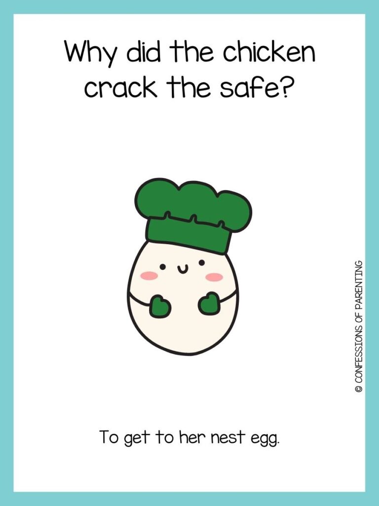Egg joke card with an egg wearing a green hat and mittens on a white background with a light blue border.