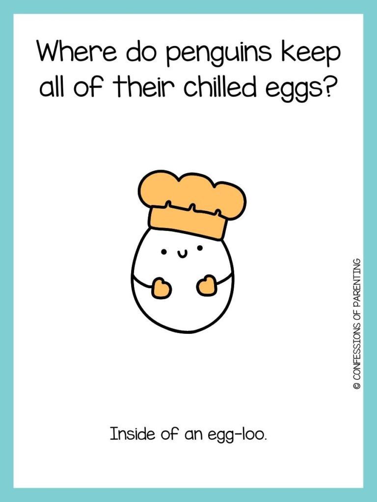 Egg joke card with an egg wearing an orange hat and mittens on a white background with a light blue border.