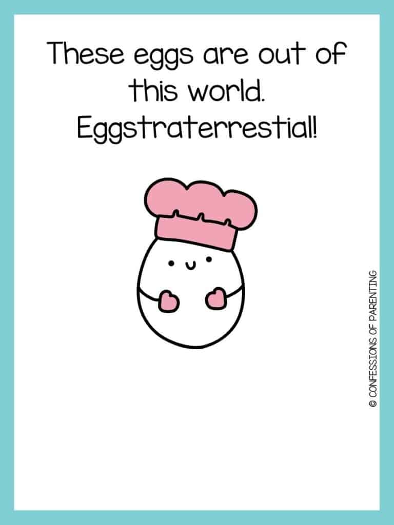Egg joke card with an egg wearing a pink hat and mittens on a white background with a light blue border.