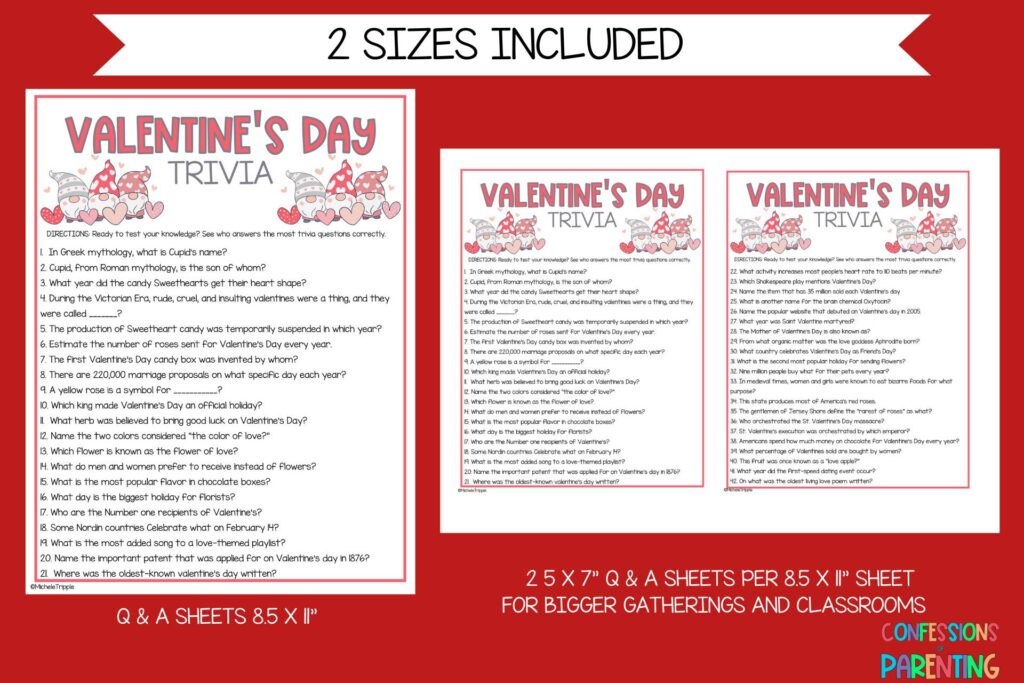 Red background, with white banner stating 2 sizes are included, with two sizes available, 8 x 11 or two 5 x 7's with trivia questions and answers.  