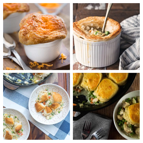 Image with 4 pictures of pot pies on it that are linked below