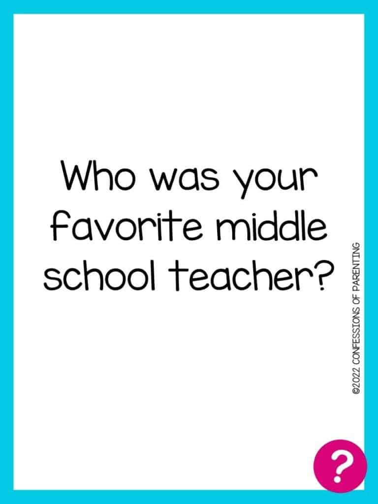 Favorite things card with question written in black on a white background with a blue border and a pink question mark in the corner. 