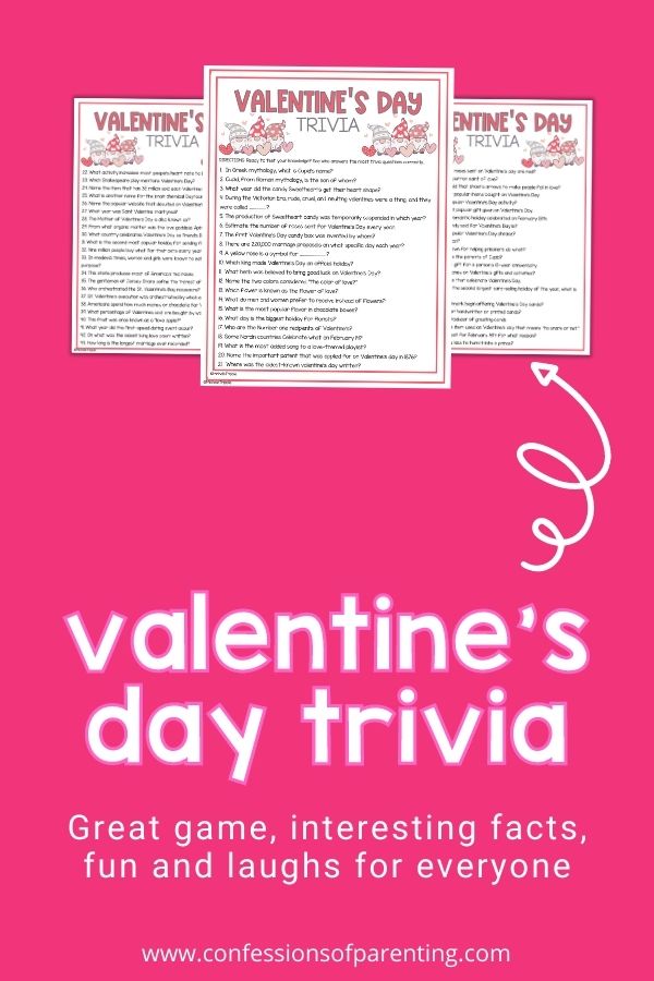 Valentines Day Trivia PDFs on mockup with pink background