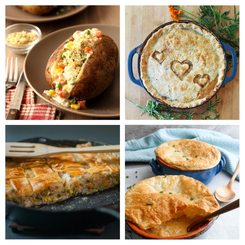 Image with 4 pictures of pot pies on it that are linked below