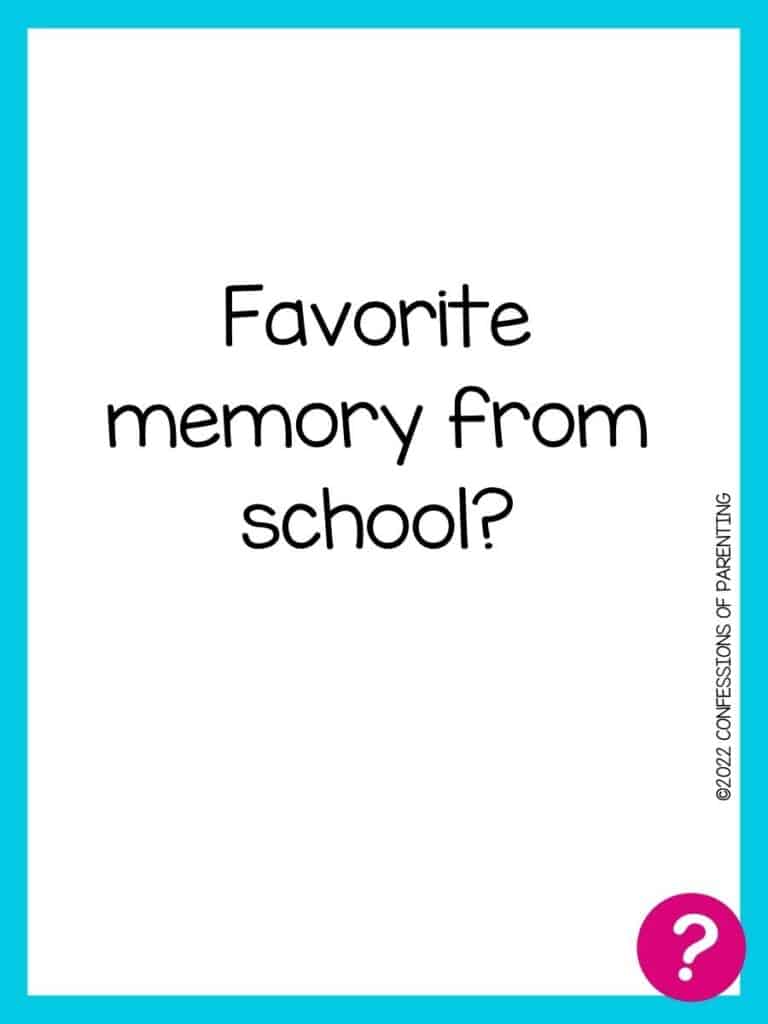 Favorite things card with question written in black on a white background with a blue border and a pink question mark in the corner. 
